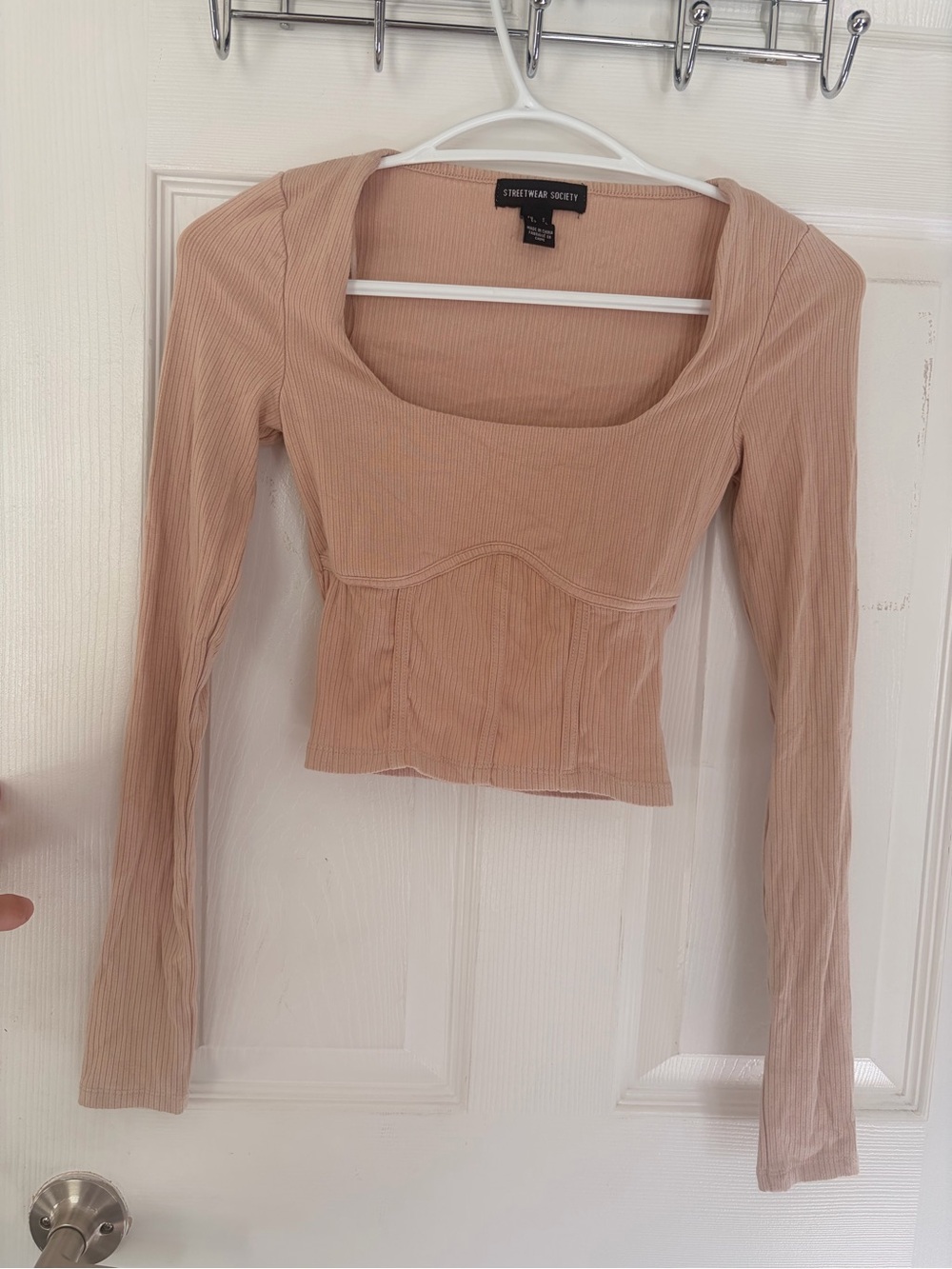 Streetwear Society Long-Sleeve Ribbed Square Neck Top - Nude Blush